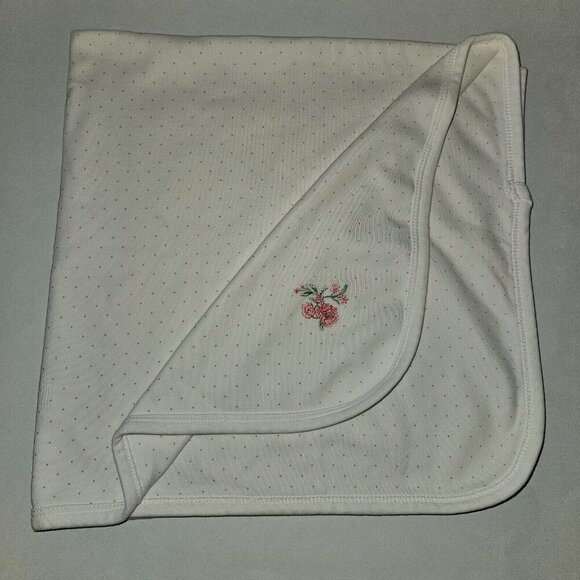 Little Me White Pink Polka Dot Baby Blanket Embroidered Flowers 100% Cotton - Picture 1 of 8